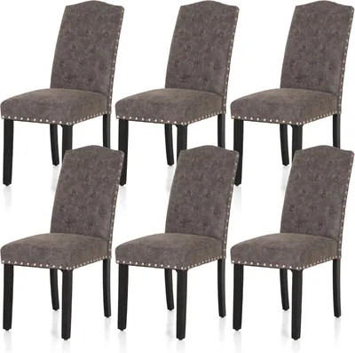 Productafbeelding van Eetkamerstoelen set van 6, gestoffeerde keukenstoelen met massief houten poten, hoge rugleuning en kunstlederen zitting