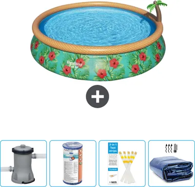 Produktbild von Bestway runder aufblasbarer Fast-Set-Schwimmpool – Paradise Print – 457 x 84 cm – inklusive Pumpe Filter - Teststreifen - Sonnensegel