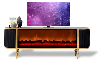 Image de Kunstvoller TV-Schrank mit Kamineffekt LED-Beleuchtung dekorativen Stoffseiten