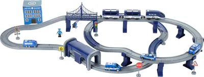 Produktbild von Zestaw kolejowy MalPlay | tor kolejowy z helikopterem i samochodami | tor z samochodami wyścigowymi 103 x 61 x 15 cm | pociąg z wagonami | zabawka dla dzieci w wieku od 3 lat