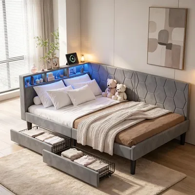 Obrázek produktu pro Postel INONEFT, čalouněná, 140x200 cm, dětská postel s LED osvětlením a USB-C portem, úložný prostor v čele postele, dvoulůžko se dvěma zásuvkami, rám postele s roštem, samet, šedá barva