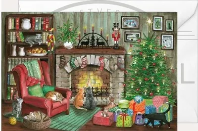 Produktbild von Weihnachtsklappkarte Katzen am Kamin – Künstlerisches Katzenmotiv