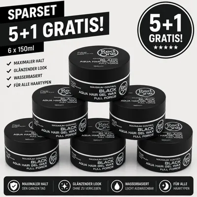 Produktbild von Red One Black Aqua Hair Gel Wax 6er Pack – 6 Stück je 150ml Aqua Hair Gel Wax Vorratspack für starken Halt, Wet Look, Glanz, Barber Style, Herren Frisur, kurze Haare, Friseurbedarf & Alltag