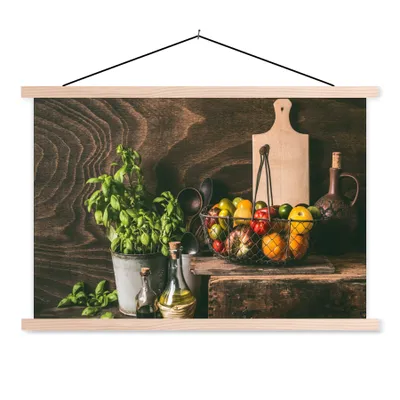 Produktbild von MuchoWow® Textilposter Gemüse - Kräuter - Rustikal - Stilleben - Basilikum 120x80 cm mit holzfarbenen Rahmen - Aufhängeset