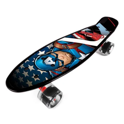 A Captain America themed skateboard is shown against a white background.