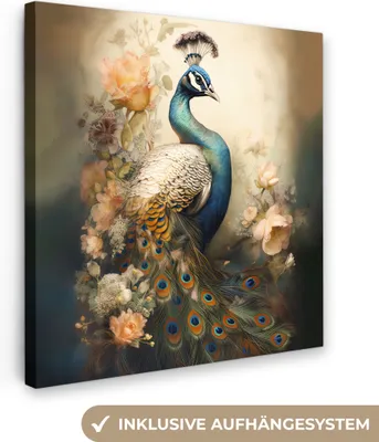 Produktbild von MuchoWow® - Leinwandbilder - Pfau - Pfauenfedern - Blumen - Botanisch, Wandbild, Wanddeko Bilder Wohnzimmer, 50x50 cm