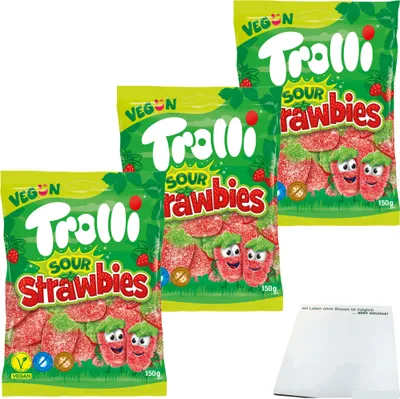 Produktbild von Trolli Sour Strawbies sauer gezuckerte Fruchtgummi-Erdbeeren 3er Pack (3x150g Packung) + usy Block