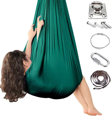 Produktbild von Kinderhängematte, Indoor-Therapie-Kuschelschaukel mit 360 ° drehbarer Deckenhaken, verstellbare Yoga-Lufthängematte Dunkelgrün