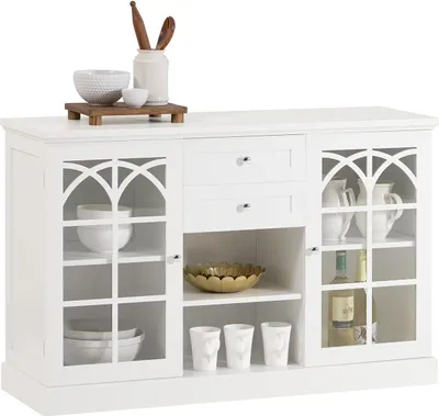 Zdjęcie produktu dla SoBuy komoda kuchenna z 2 szklanymi drzwiami, 2 szufladami i 2 półkami, szafka do przechowywania w kuchni, jadalni, salonie, 120x39x78cm, biała