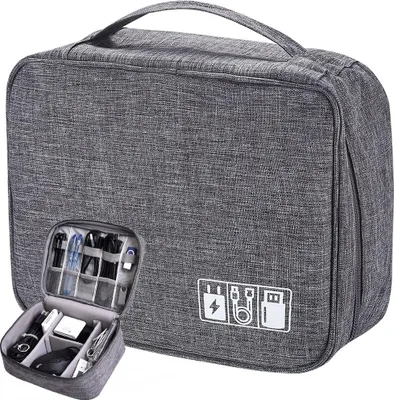 Produktbild von Reise-Organizer-Tasche für Ladegeräte und Kabel – Elektronik Organizer mit Fächern, Kabeltasche für Zubehör, Grau