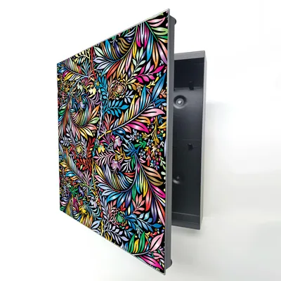Produktbild von Schlüsselkasten Schwarz Metall, buntes florales Ornament Motiv hinter Glas, Moderne Schlüsselbox linksöffnend, 32x28x6,5 cm, 20 Haken für den Flur.