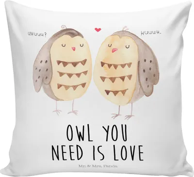 Produktbild von Mr. & Mrs. Panda Sofa Kissen Eulen Liebe - Weiß - Geschenk, Eule, kuschelkissen 40x40, bedruckt, Freundin, Sofakissen, Hochzeit Spruch, Deko