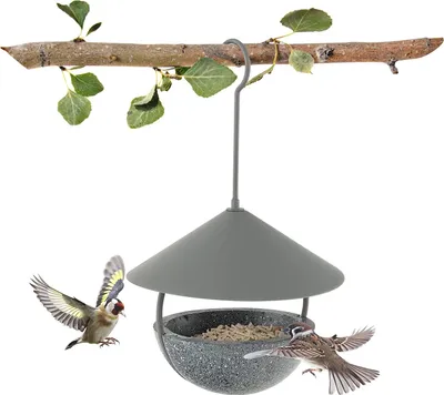 Produktbild von GOPLUS Vogelfutterhaus, 2-in-1-Futterspender & Vogelbad, Vogelfutterspender mit Kuppel, Haken, Vogeltränke zum Aufhängen, Vogelhaus für Saat, Wasser, Grau