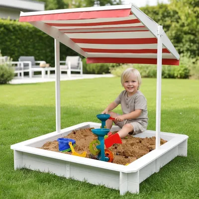 Produktbild von Holz-Sandkasten 120x120 cm, verstellbares Sonnendach rot/weiß, Fichte