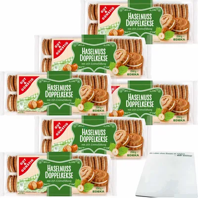 Produktbild von Gut& Haselnuss Doppelkekse Haselnuss-Gebäck mit Cremefüllung 6er Pack (6x250g Packung) + usy Block