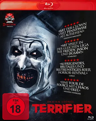 The cover art for the horror movie Terrifier on Blu-ray, featuring the main antagonist, Art the Clown.