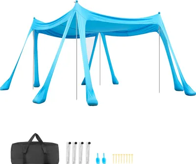 Produktbild von SucceBuy Strandzelt mit Sonnenschutz (UPF 50+) 3 x 3 x 2 m, Zelt mit Sandsäcken, Stützstangen, Sandschaufeln und Tragetasche, Praktisches Sonnensegel für Familienausflüge, Camping und Angeln, Blau