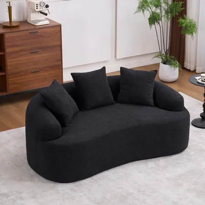 Produktbild von MODFU Dreisitzer Wohnzimmersofa mit Kissen und Armlehnen Zweisitzer Chenille geschwungenes Loungesofa montagefrei eeignet für kleine Wohnungen Schwarz
