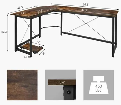 Imagen del producto de Escritorio en forma de L - 170 cm - Para juegos - Mesa de trabajo - Gancho de sujeción - Estructura estable