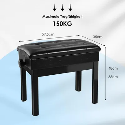 Zdjęcie produktu dla Pianino – Regulowany wysokością taboret do pianina – Z miejscem do przechowywania – Siedzisko z naturalnej skóry – Wykonany z litego drewna – 57x33 cm, wysokość 49–59 cm, wytrzymałość do 200 kg, kolor czarny