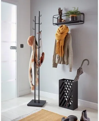 Produktbild von Unyqoos® Freistehender Garderobenständer – schwarzes Metall, 8 Haken, 176×29×29 cm, Stahlrohr mit Pulverbeschichtung, Haken je 5 kg, stabile Bodenplatte