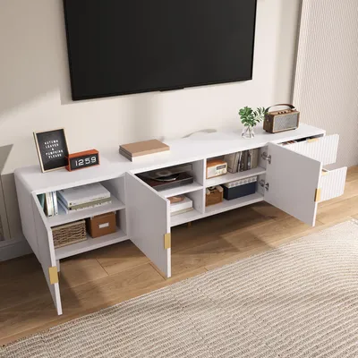 Produktbild von STILVORA TV-Schrank Fernsehbank Lowboard mit offenen Fächern,Fernsehschrank mit lackierten Oberfläche und Bodenplatte,mit Schubladen und Soft-Close-Scharniere,Weiß
