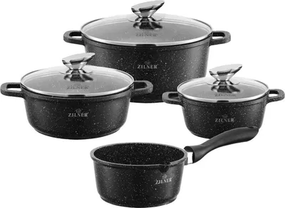 A set of four black pots with speckled patterns and glass lids, arranged on a white background.