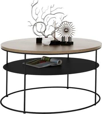 Zdjęcie produktu dla Okrągły Stolik Kawowy z Półką Salon Loft Metal 75x75x43 Czarny+Dąb Lancelot