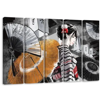 Produktbild von 5-teiliges leinwandbild geisha mit fächer 100x70 cm Feeby grau wandbild bereit zum aufhängen