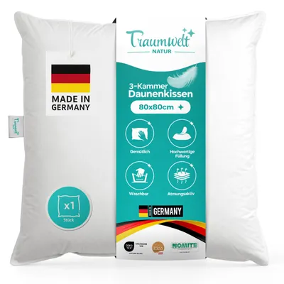 3-Kammer Daunenkissen 80x80 cm, weiß, Allergiker geeignet, Oeko-Tex