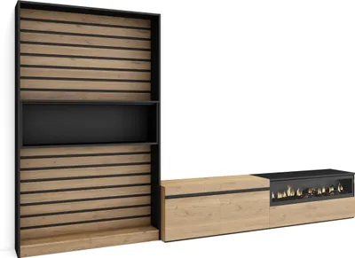 Produktbild von Wohnwand Wohnzimmer, 310x35x186cm, Für TV-Geräte bis zu 80", Elektrokamin, Eiche und Schwarz