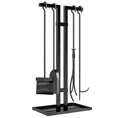 Produktbild von Outsunny 5-teiliges Kamin-Set, Kaminbesteck aus Metall, Kaminzubehör, mit Bürste, Schaufel, Zange, Schürhaken und Ständer, Schwarz