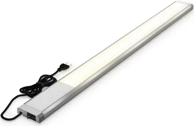 A long, thin LED light bar with a silver casing and a white light emitting surface. It has a black power cord and a switch on one end.