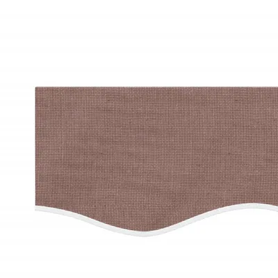 A close-up of a brown awning valance with a white wavy trim.