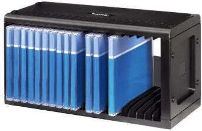 A black CD rack filled with blue-covered CDs.