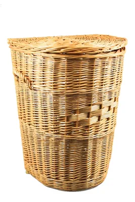 A woven laundry basket with a lid, presented against a white background.