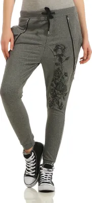 Produktbild von 133 Damen Jogginghose Sweatpants Hose Boyfriend Baggy Haremshose Einheitsgröße (36-40) einfarbig Blumen  Motiv Grau