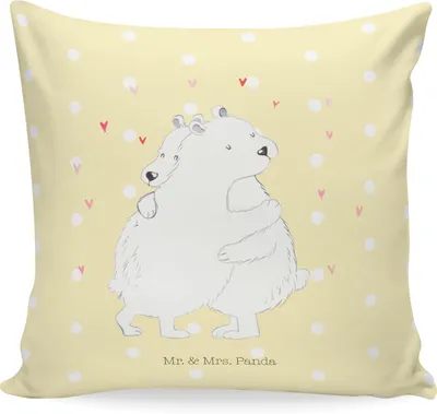 Produktbild von Mr. & Mrs. Panda Zierkissen Eisbär Umarmen - Gelb Pastell - Geschenk, Sofa Kissen, bedruckt, kuschelkissen 40x40, Sofakissen, zier, Lustige Sprüche