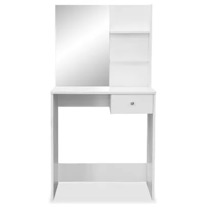 A white vanity table with a mirror and shelves.