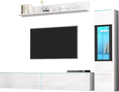 Produktbild von TV Wohnwand Set 3-teilig LED Beleuchtung Hochglanz Weiß Wohnzimmer Möbel Set inkl.TV Schrank,Wohnzimmer Vitrine,Hängeregal