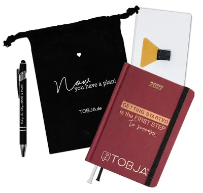 Produktbild von Taschenkalender 2027 A6 Rot Set - 1 Woche 2 Seiten, Goldprägung,Hardcover, Stift & Beutel