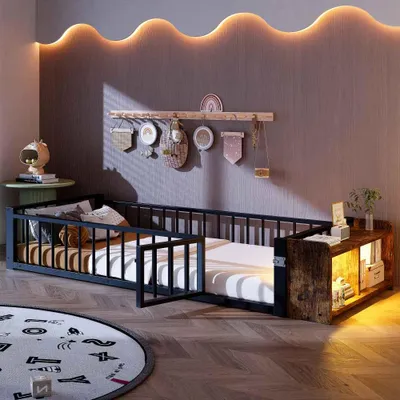 Produktbild von Kinder-Metallbett mit Schutzgeländer und LED-Streifen, ideal als Flachbett mit Eisenstruktur und Schließfächern, ohne Matratze - 90 x 200 cm, Schwarz