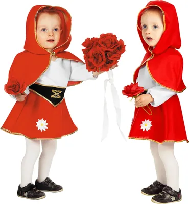 Two children dressed in Little Red Riding Hood costumes, holding flowers.