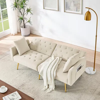 Image de OKWISH Canapé 2 Places - Relax avec 2 Coussins, Dossier Réglable 3 Niveaux, Chaiselongue avec Poche Latérale, en Velours - Beige - 177x78x74 cm