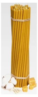 Produktbild von Kirchliche Bienenwachskerzen, 40-50 Stück, hochwertige Ritualkerzen, L-26,5 cm, Ø-7,15 mm, 120 Minuten Brenndauer in honiggelb, 500 g dünne griechische Kerzen, tropf- und rußfrei