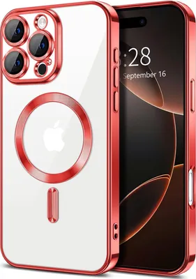Produktbild von Magnetische Klar Hülle für iPhone 16 Pro Max, Kompatibel mit MagSafe, Elektroplattiert Handyhülle mit Kameraschutz Rot