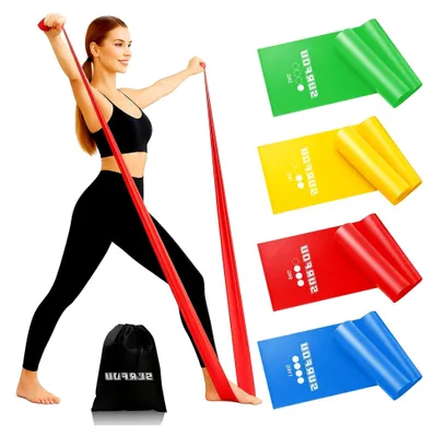 Produktbild von Set von Fitnessbändern mit 4 Widerstandsstufen, hautfreundliche Widerstandsbänder mit Tragetasche, geeignet für Gymnastik, Zuhause, Yoga, Pilates, Krafttraining und Rehabilitation