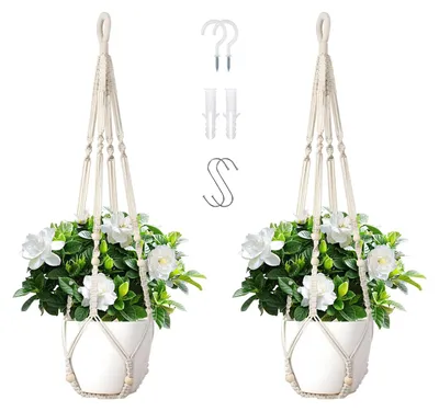 Image de Lot de 2 pots de fleurs suspendus en coton – pots de fleurs en macramé de 89 cm avec crochets pour fenêtres, balcons et intérieurs, supports pour plantes de style bohème, blancs (sans pot ni plantes)