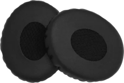Two black ear pads for headphones are shown against a white background.