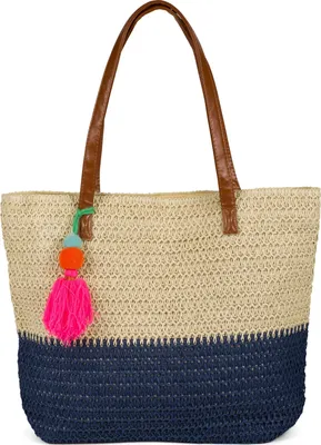 Produktbild von styleBREAKER Damen Bast Strandtasche 45 x 13 x 46 cm mit Reißverschluss | Zweifarbige Korbtasche mit Quaste | Flechttasche mit langen Henkeln für Strand & Shopping